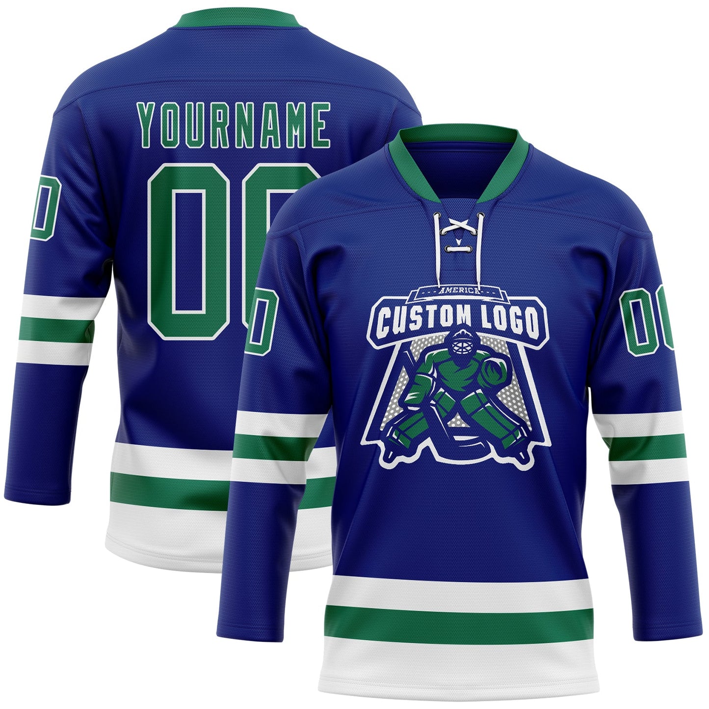 Custom Royal Kelly Green-White Hockey Lace Neck Jersey view 2