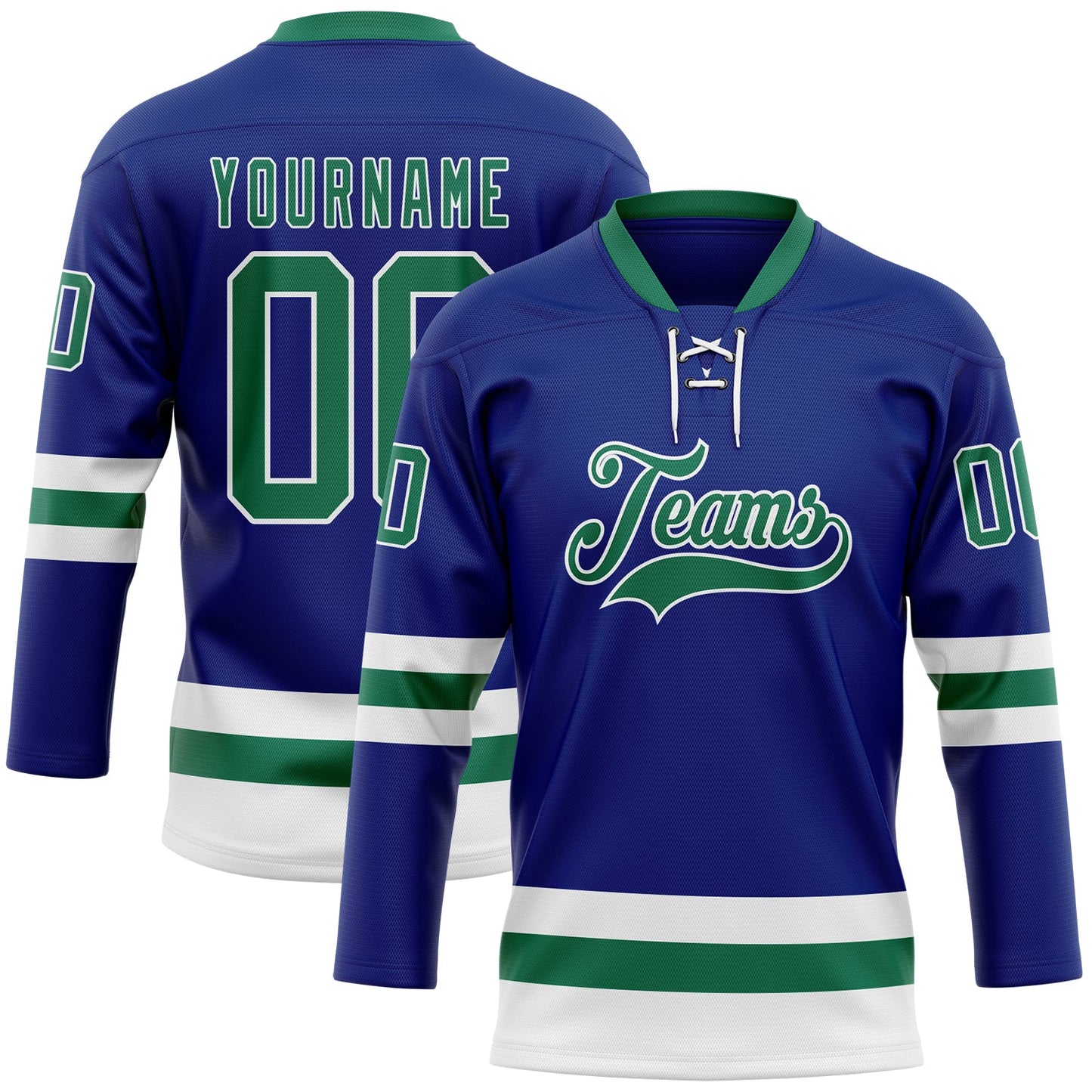 Custom Royal Kelly Green-White Hockey Lace Neck Jersey - Main View