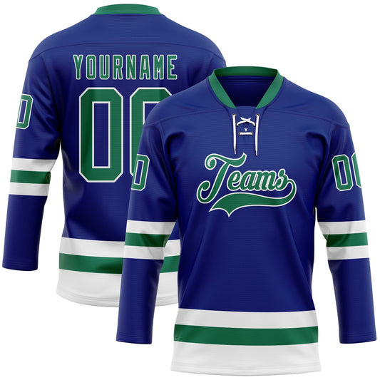 Custom Royal Kelly Green-White Hockey Lace Neck Jersey - Main View