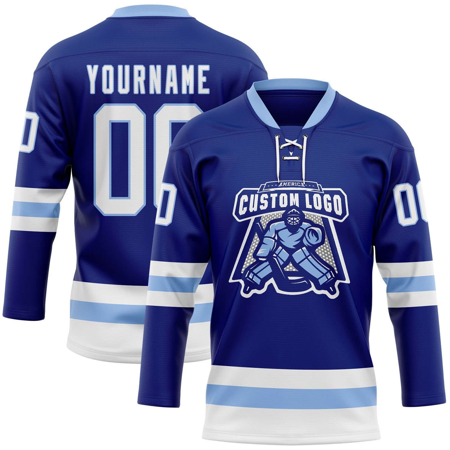 Custom Royal White-Light Blue Hockey Lace Neck Jersey view 2