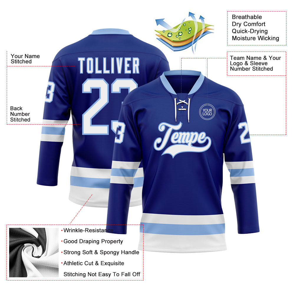 Custom Royal White-Light Blue Hockey Lace Neck Jersey view 3