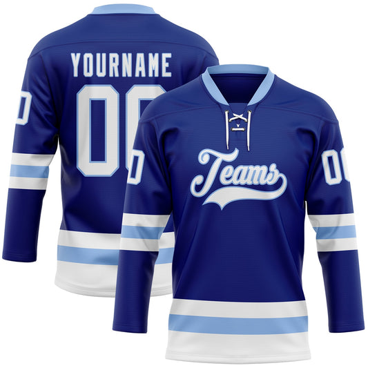 Custom Royal White-Light Blue Hockey Lace Neck Jersey - Main View