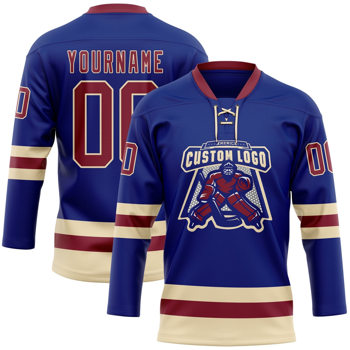 Custom Royal Crimson-Cream Hockey Lace Neck Jersey view 2