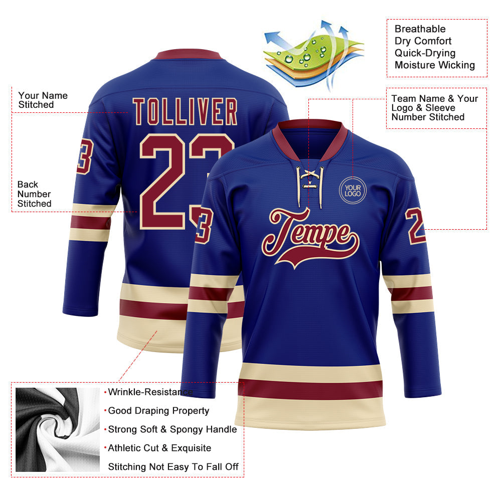 Custom Royal Crimson-Cream Hockey Lace Neck Jersey view 3