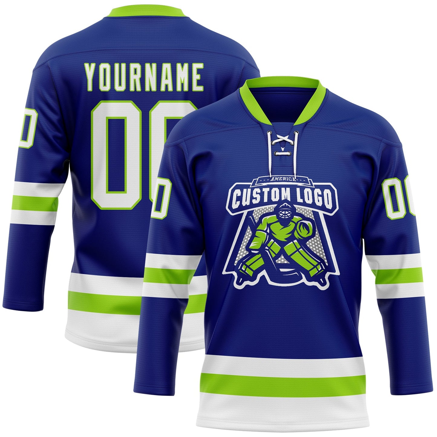 Custom Royal White-Neon Green Hockey Lace Neck Jersey view 2