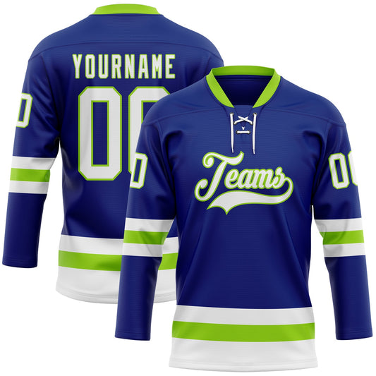 Custom Royal White-Neon Green Hockey Lace Neck Jersey - Main View
