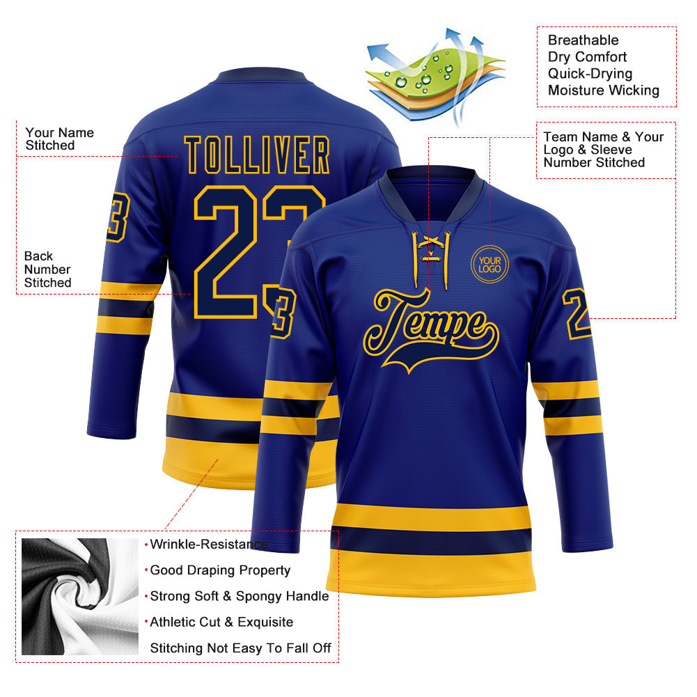 Custom Royal Navy-Gold Hockey Lace Neck Jersey view 3