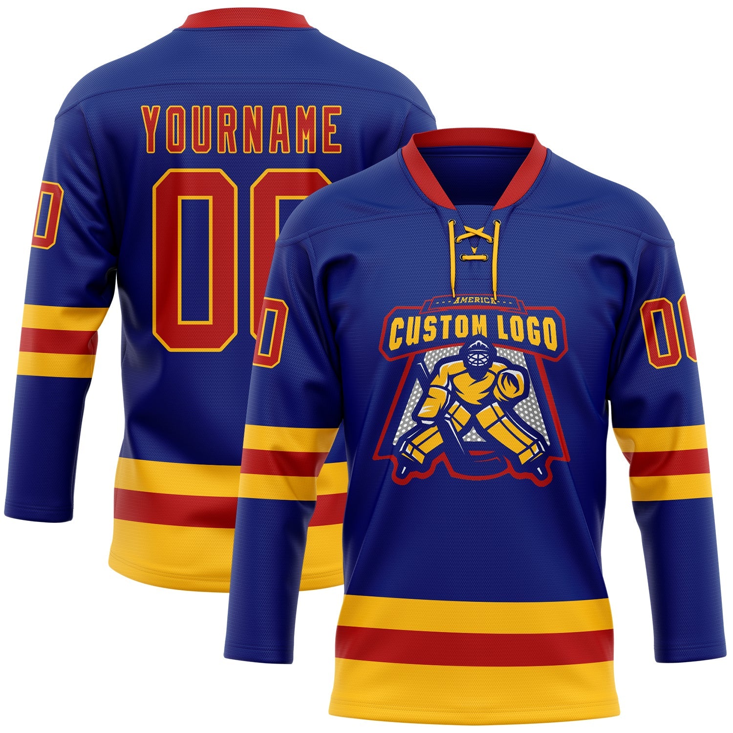Custom Royal Red-Gold Hockey Lace Neck Jersey view 2