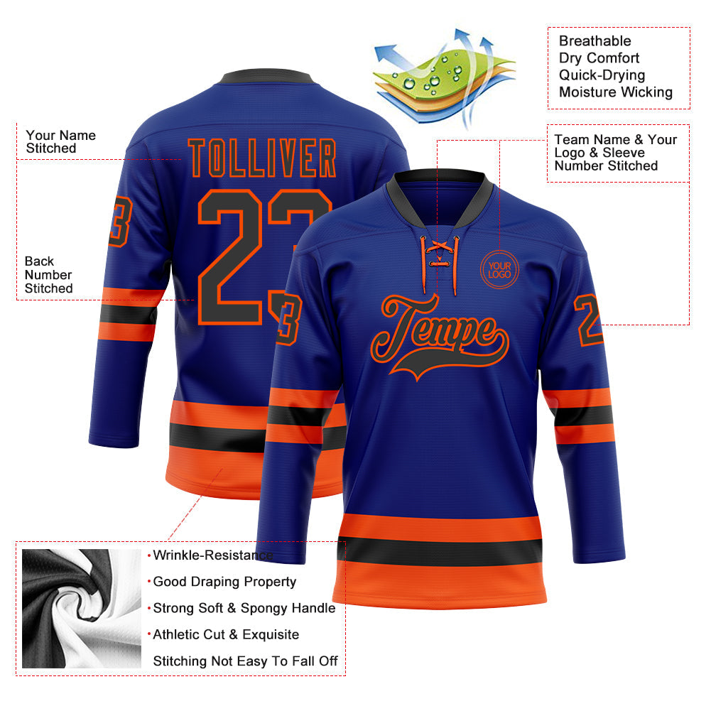 Custom Royal Black-Orange Hockey Lace Neck Jersey view 3