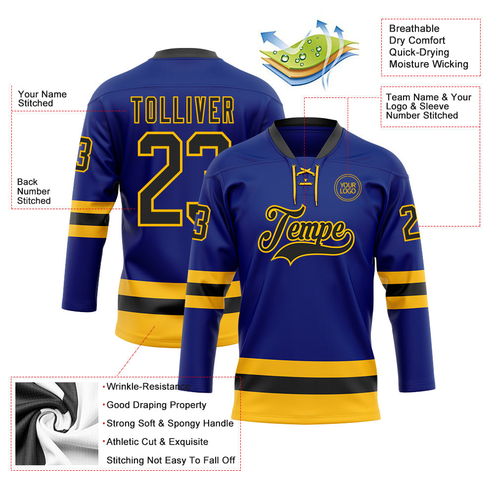 Custom Royal Black-Gold Hockey Lace Neck Jersey view 3