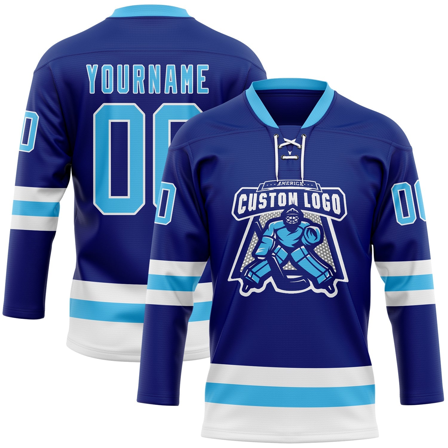 Custom Royal Sky Blue-White Hockey Lace Neck Jersey view 2