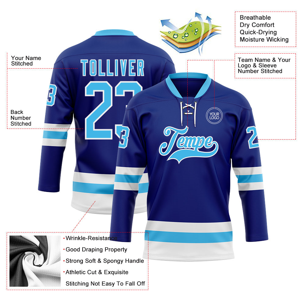 Custom Royal Sky Blue-White Hockey Lace Neck Jersey view 3
