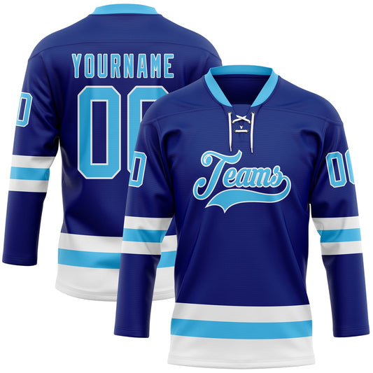 Custom Royal Sky Blue-White Hockey Lace Neck Jersey - Main View