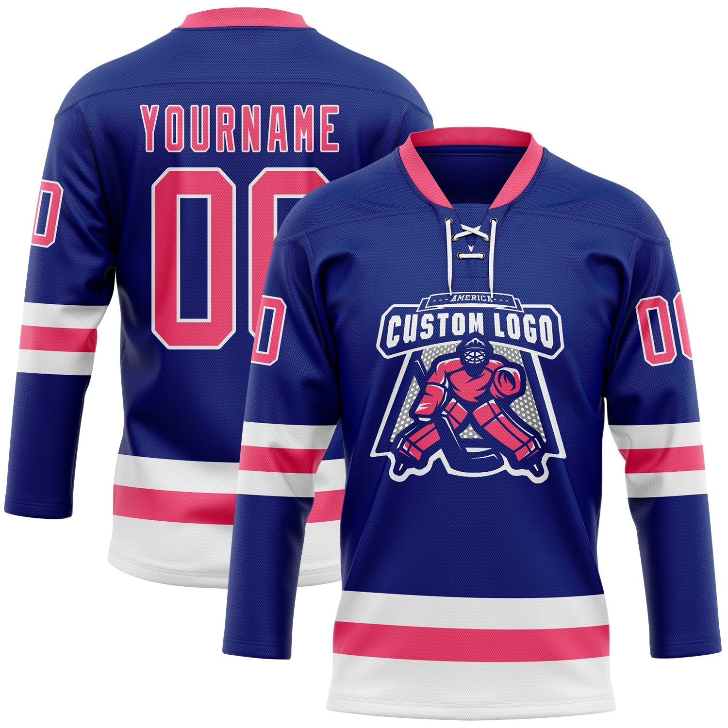Custom Royal Neon Pink-White Hockey Lace Neck Jersey view 2