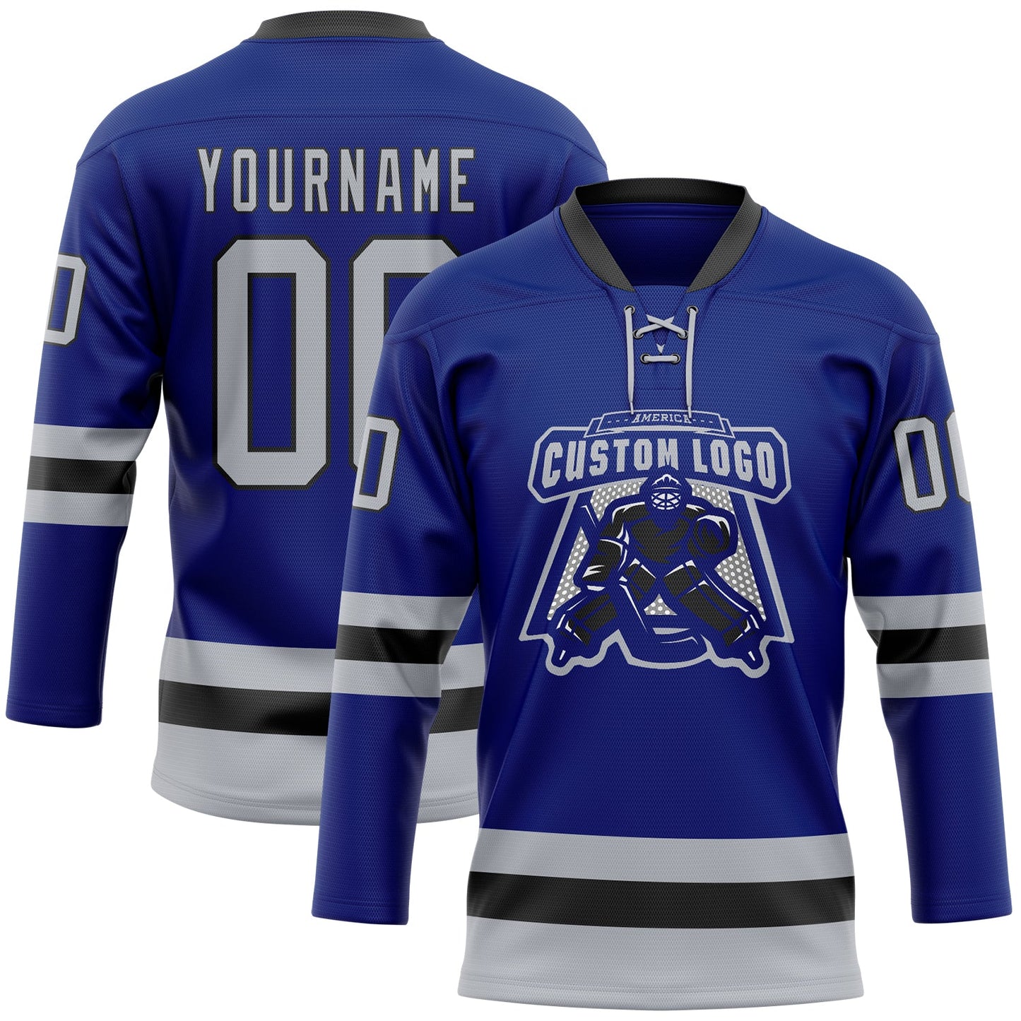 Custom Royal Gray-Black Hockey Lace Neck Jersey view 2