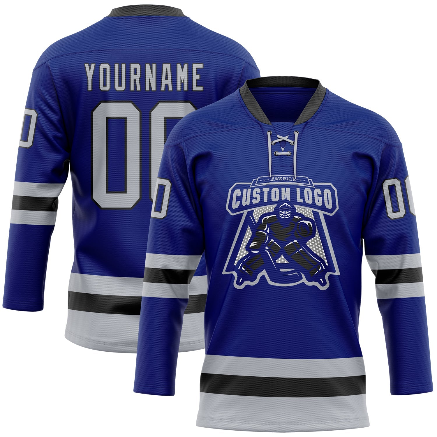 Custom Royal Gray-Black Hockey Lace Neck Jersey view 2