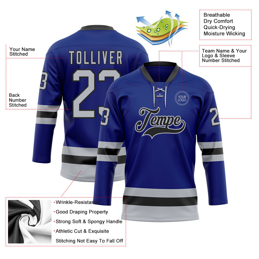 Custom Royal Gray-Black Hockey Lace Neck Jersey view 3