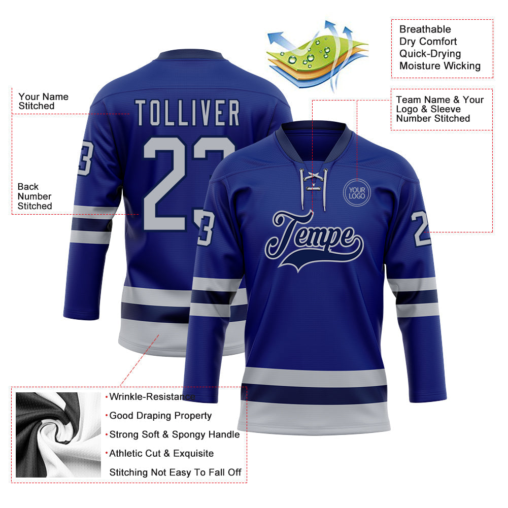 Custom Royal Gray-Navy Hockey Lace Neck Jersey view 3