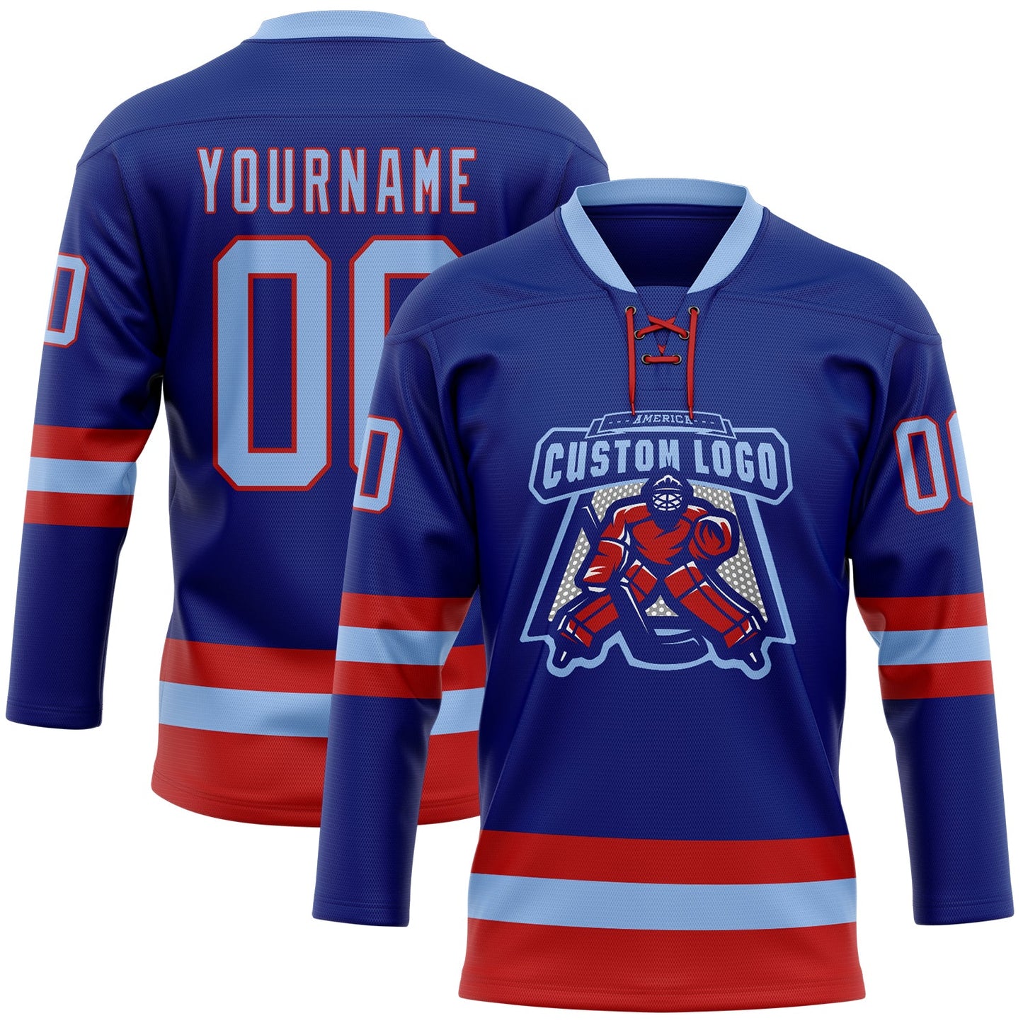 Custom Royal Light Blue-Red Hockey Lace Neck Jersey view 2