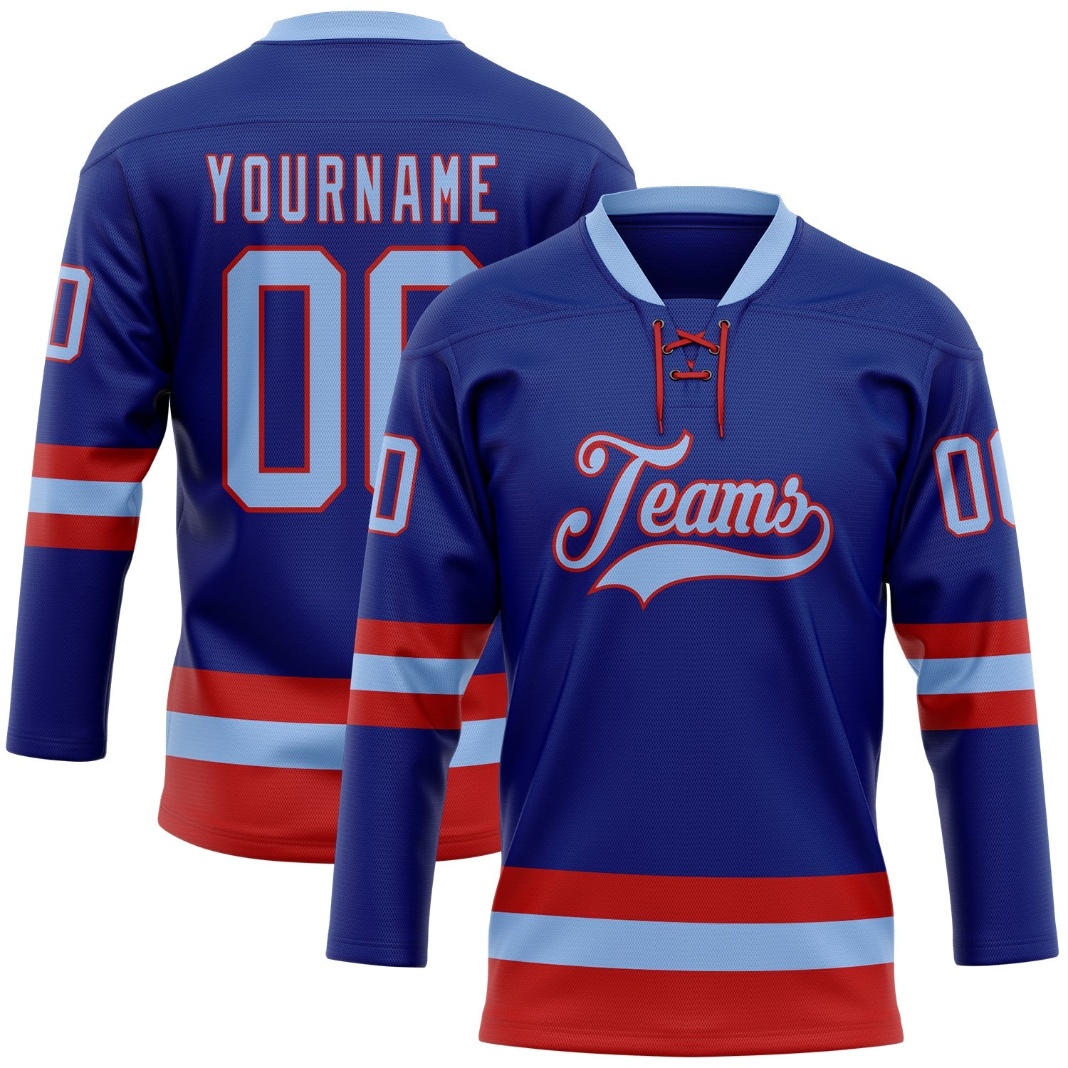 Custom Royal Light Blue-Red Hockey Lace Neck Jersey - Main View