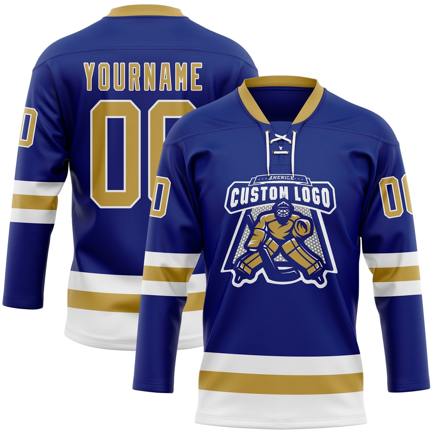 Custom Royal Old Gold-White Hockey Lace Neck Jersey view 2