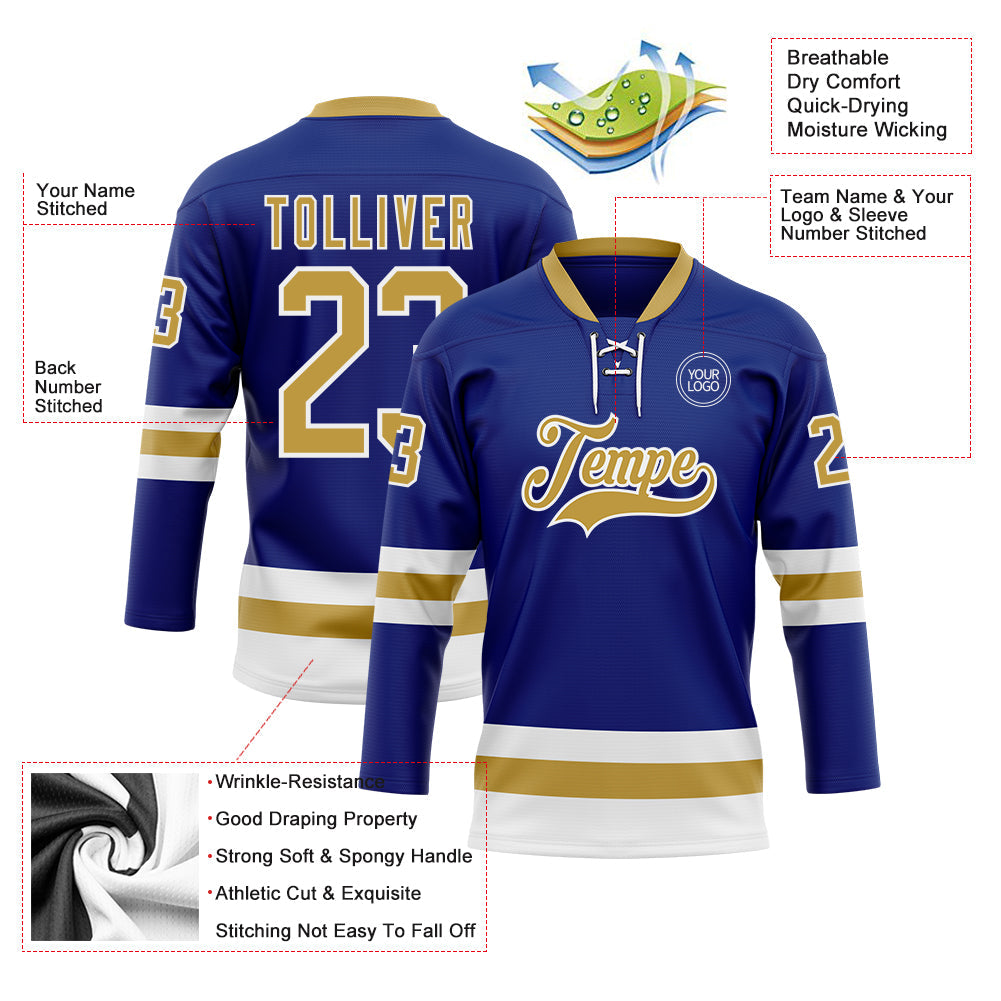 Custom Royal Old Gold-White Hockey Lace Neck Jersey view 3