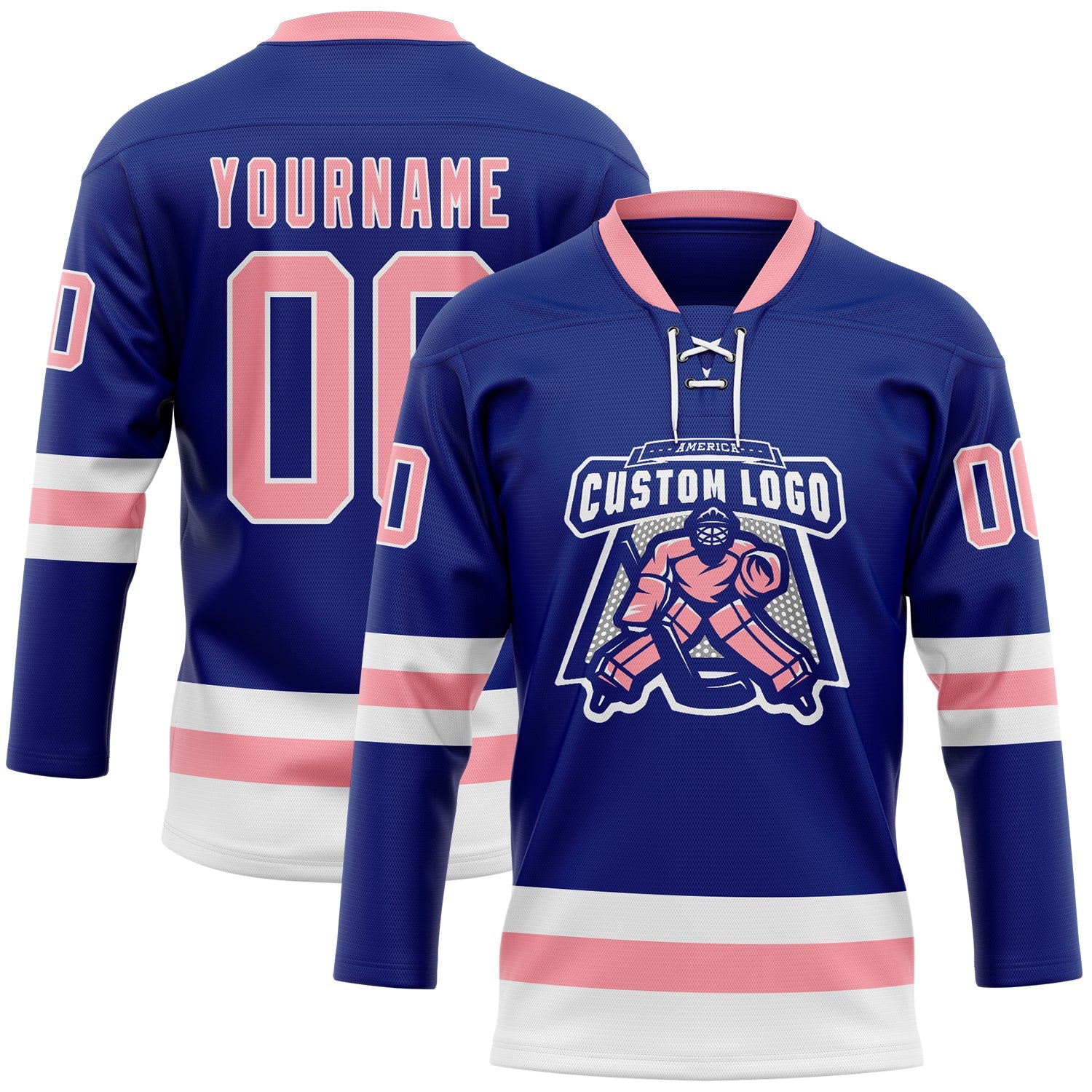 Custom Royal Medium Pink-White Hockey Lace Neck Jersey view 2