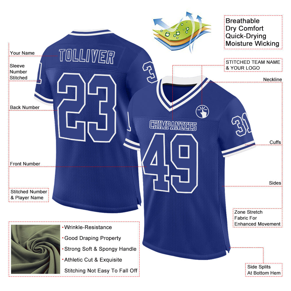 Custom Royal White Mesh Authentic Throwback Football Jersey view 2