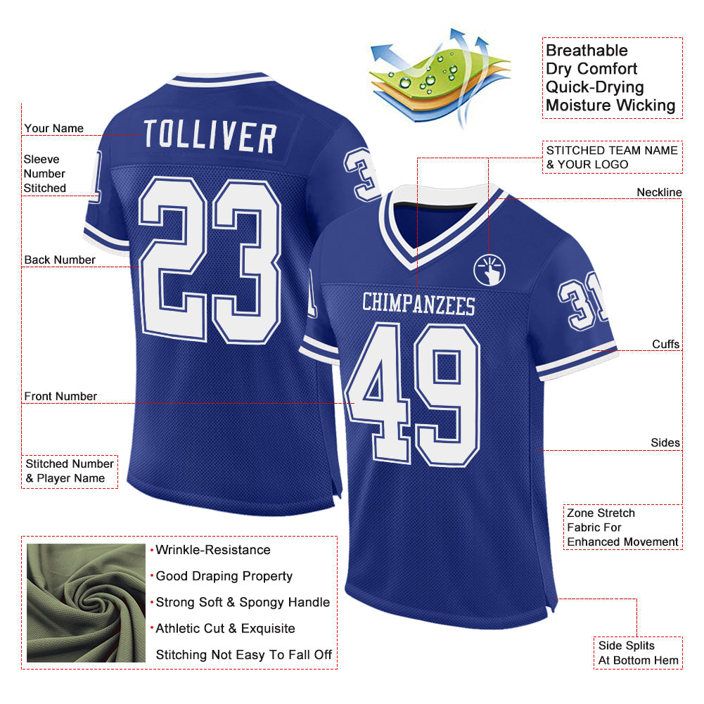 Custom Royal White Mesh Authentic Throwback Football Jersey view 2