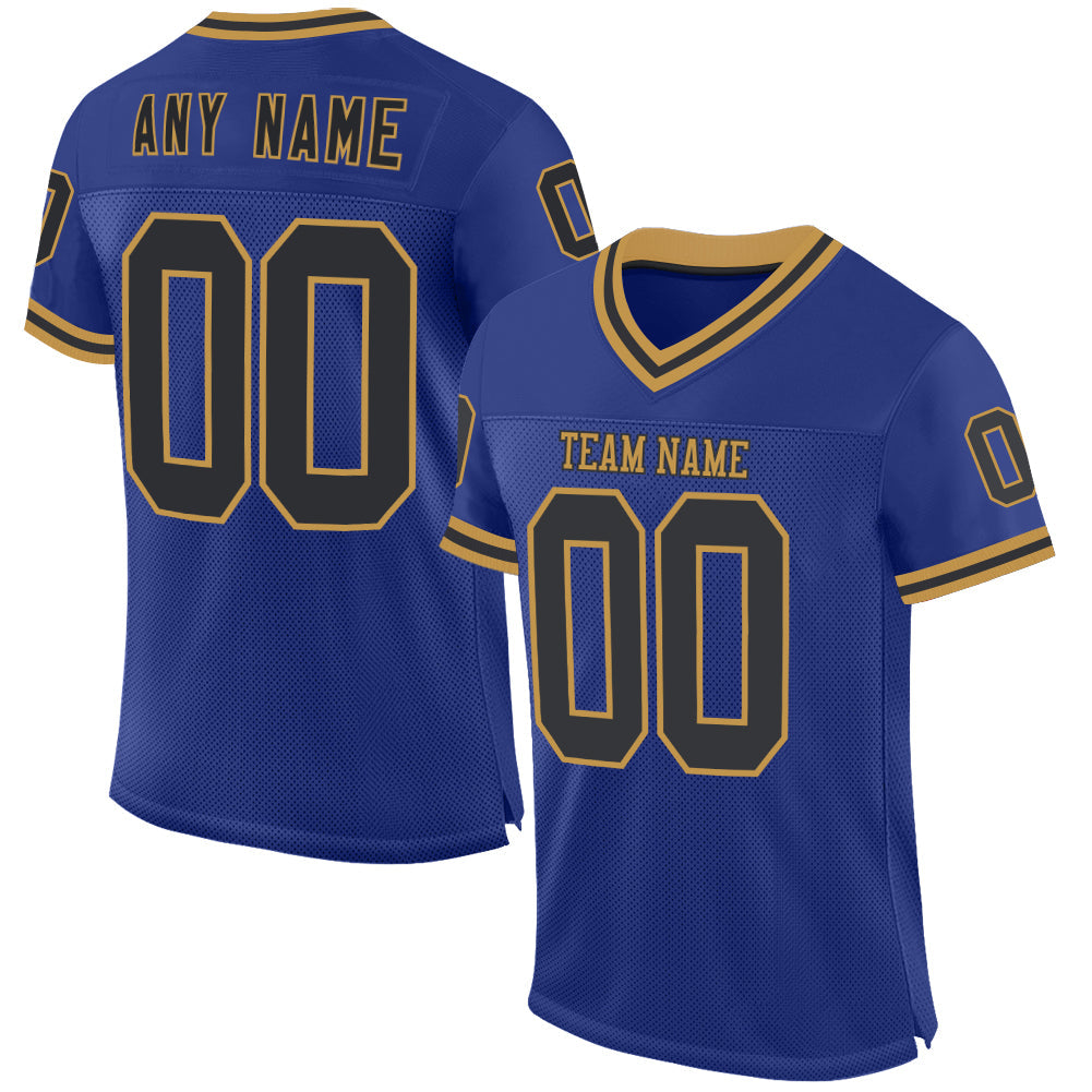 Custom Royal Black-Old Gold Mesh Authentic Throwback Football Jersey - Main View