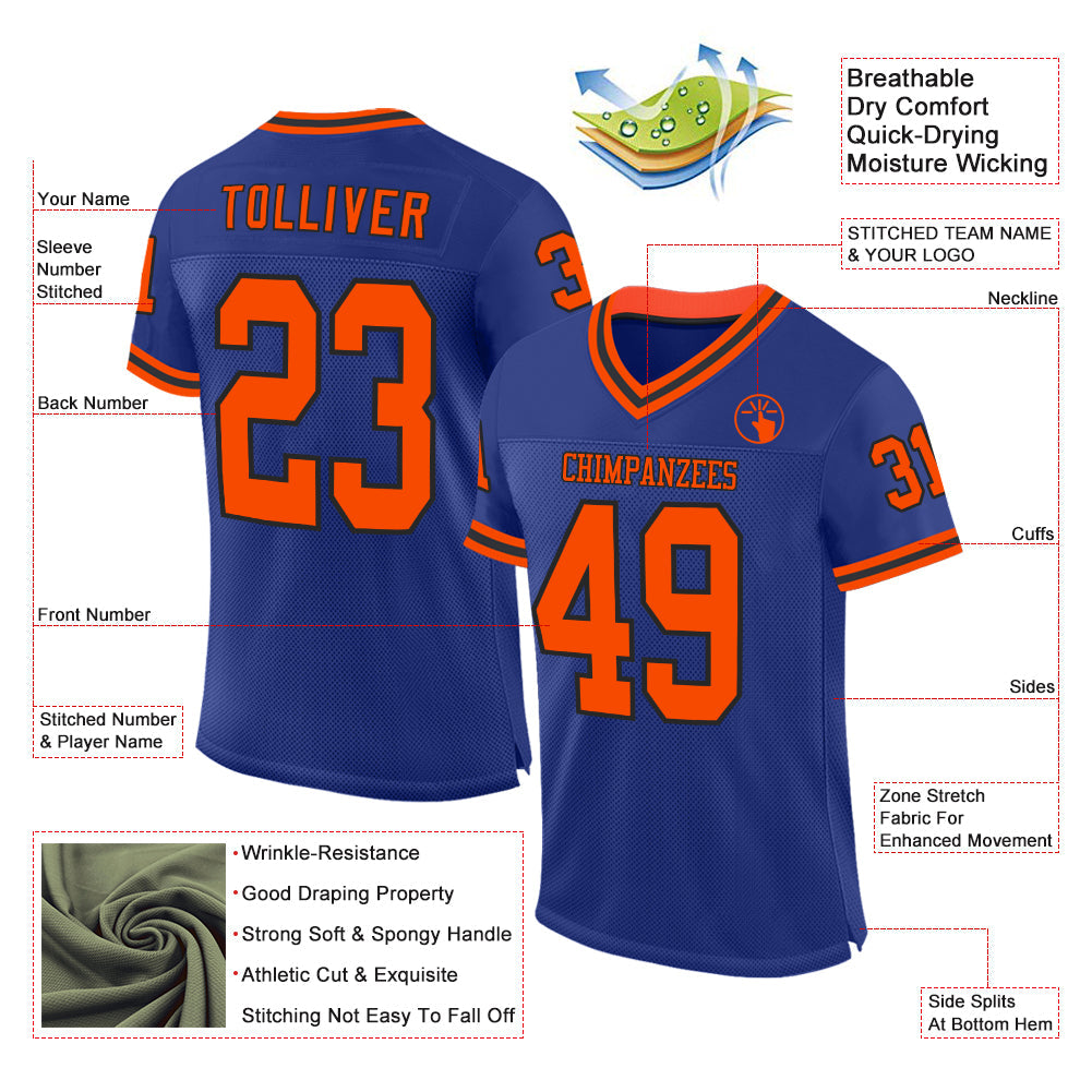 Custom Royal Orange-Black Mesh Authentic Throwback Football Jersey view 2