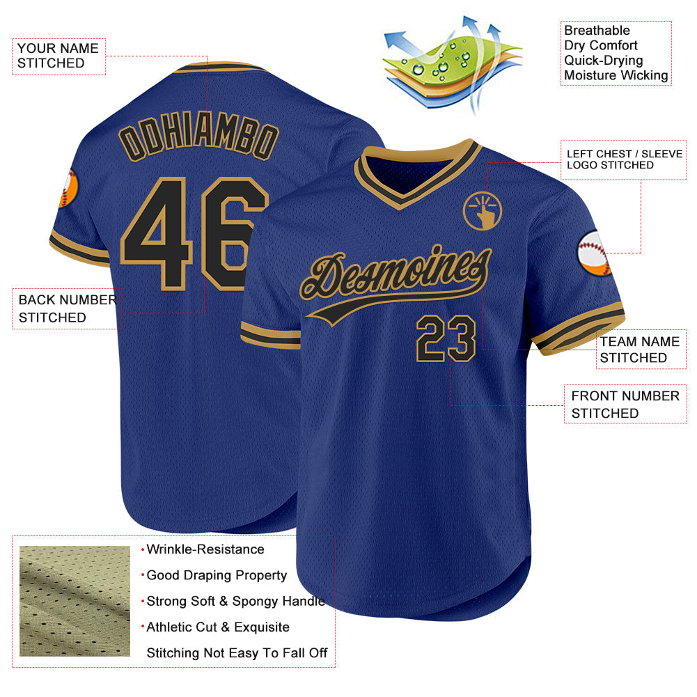 Custom Royal Black-Old Gold Authentic Throwback Baseball Jersey view 3