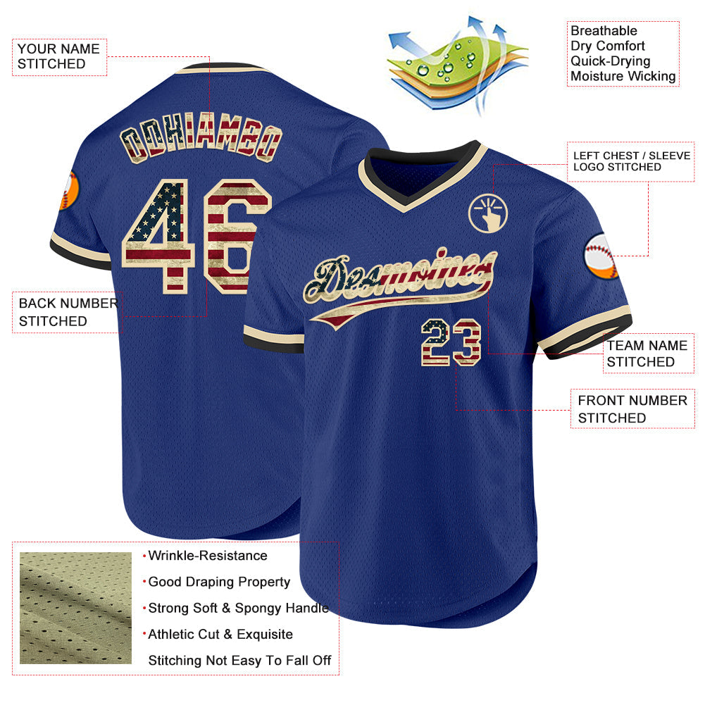 Custom Royal Vintage USA Flag Cream-Black Authentic Throwback Baseball Jersey view 3