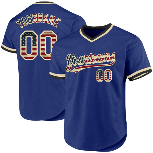 Custom Royal Vintage USA Flag Cream-Black Authentic Throwback Baseball Jersey - Main View