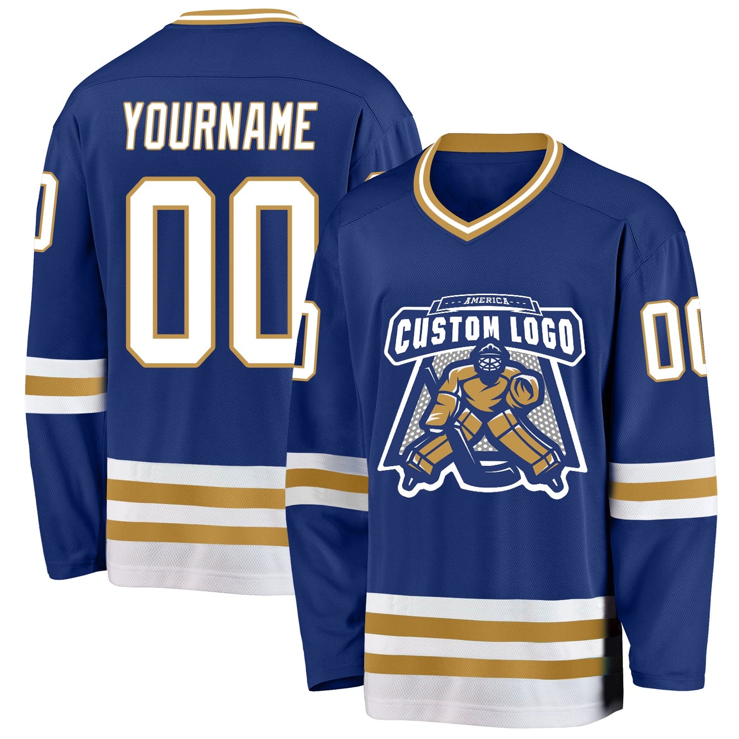 Custom Royal White-Old Gold Hockey Jersey view 2