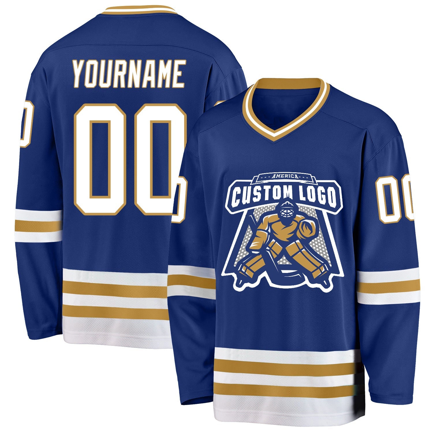 Custom Royal White-Old Gold Hockey Jersey view 2