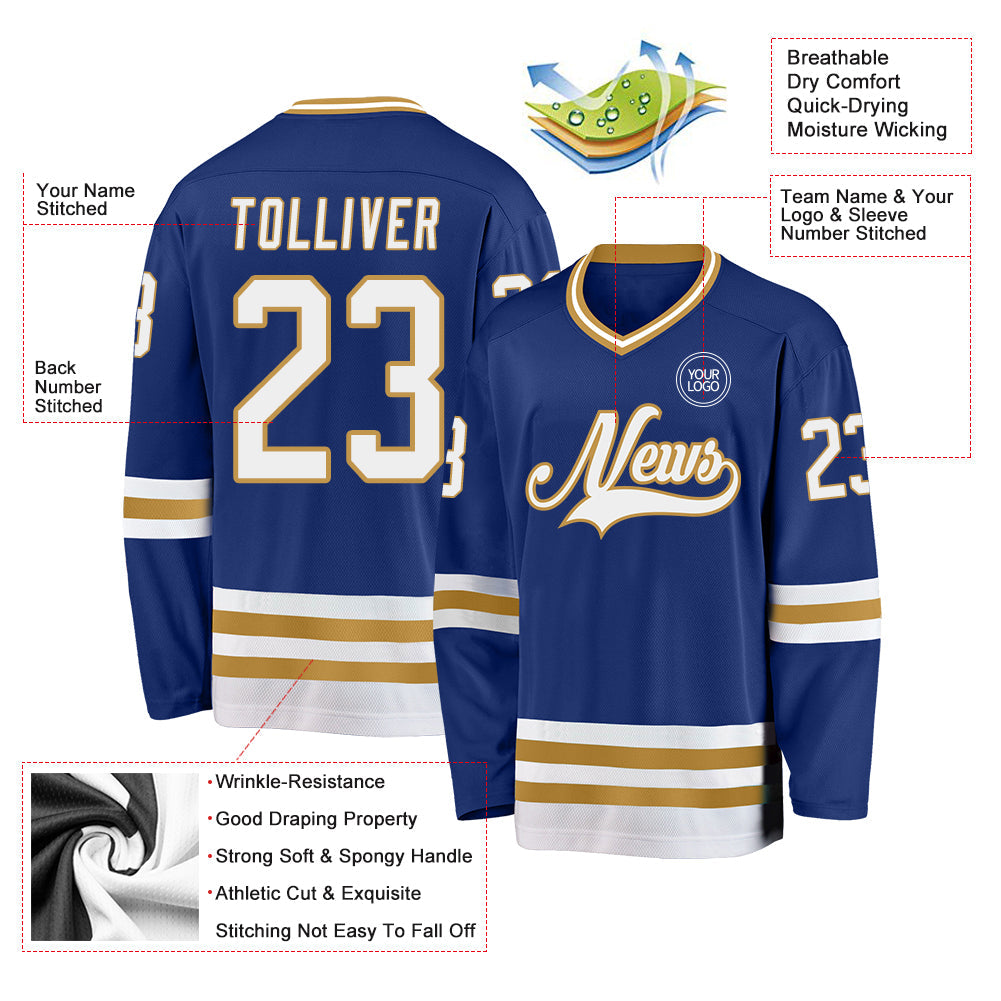 Custom Royal White-Old Gold Hockey Jersey view 3