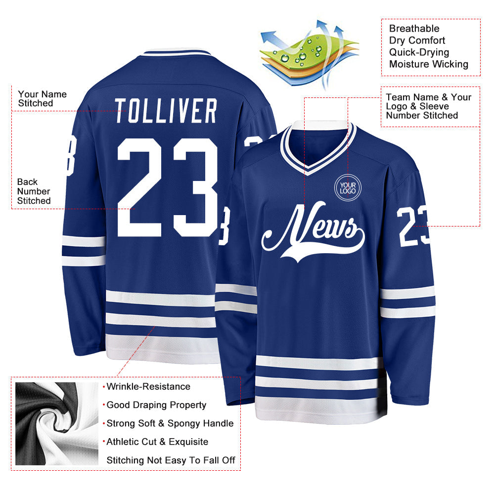 Custom Royal White Hockey Jersey view 3