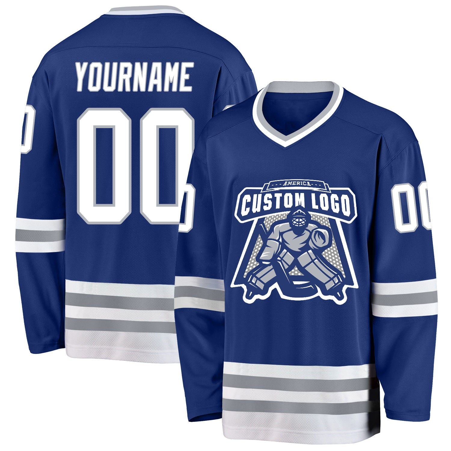 Custom Royal White-Gray Hockey Jersey view 2
