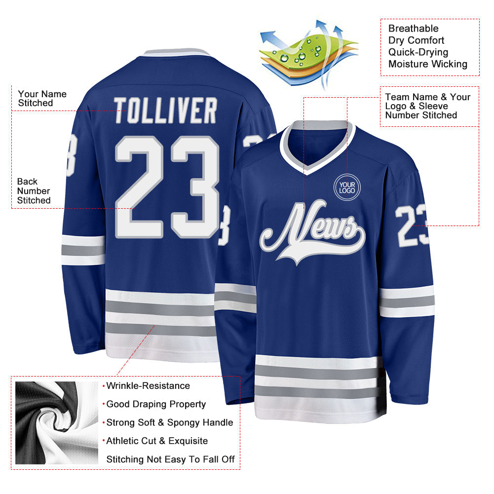 Custom Royal White-Gray Hockey Jersey view 3