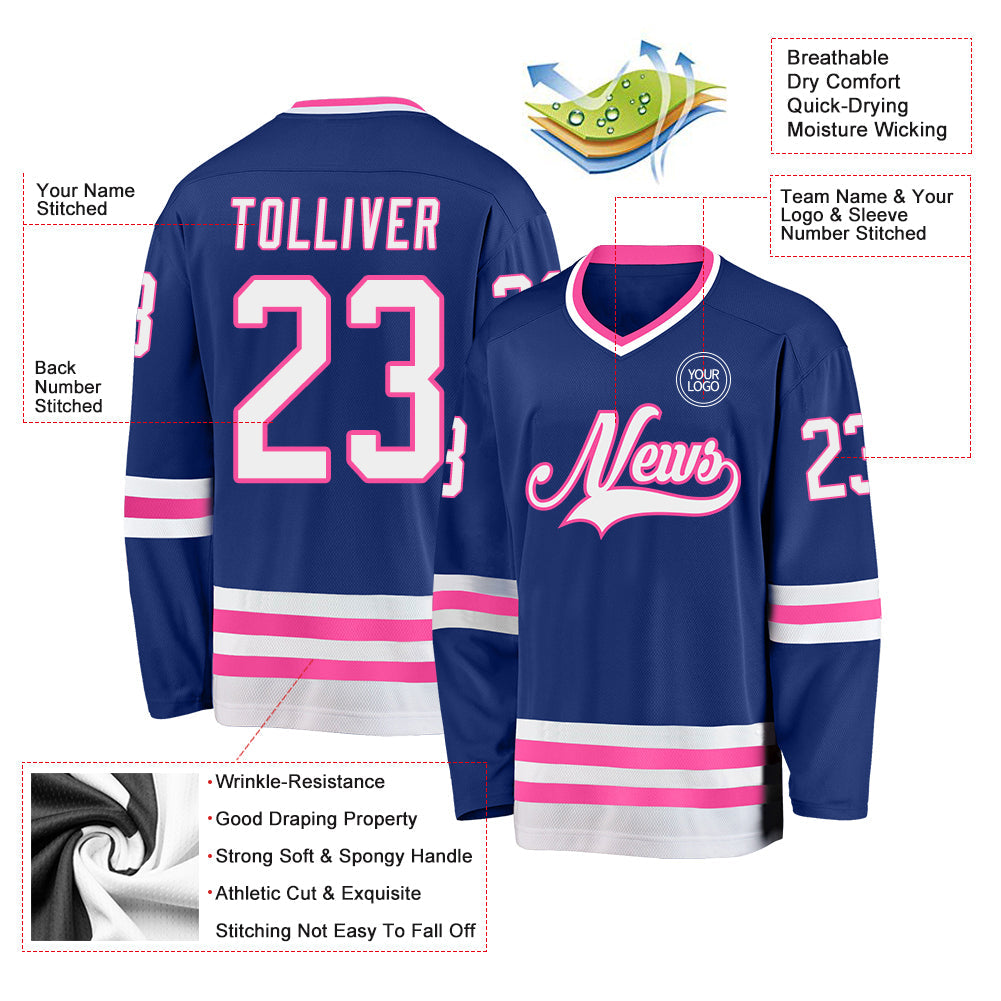 Custom Royal White-Pink Hockey Jersey view 3