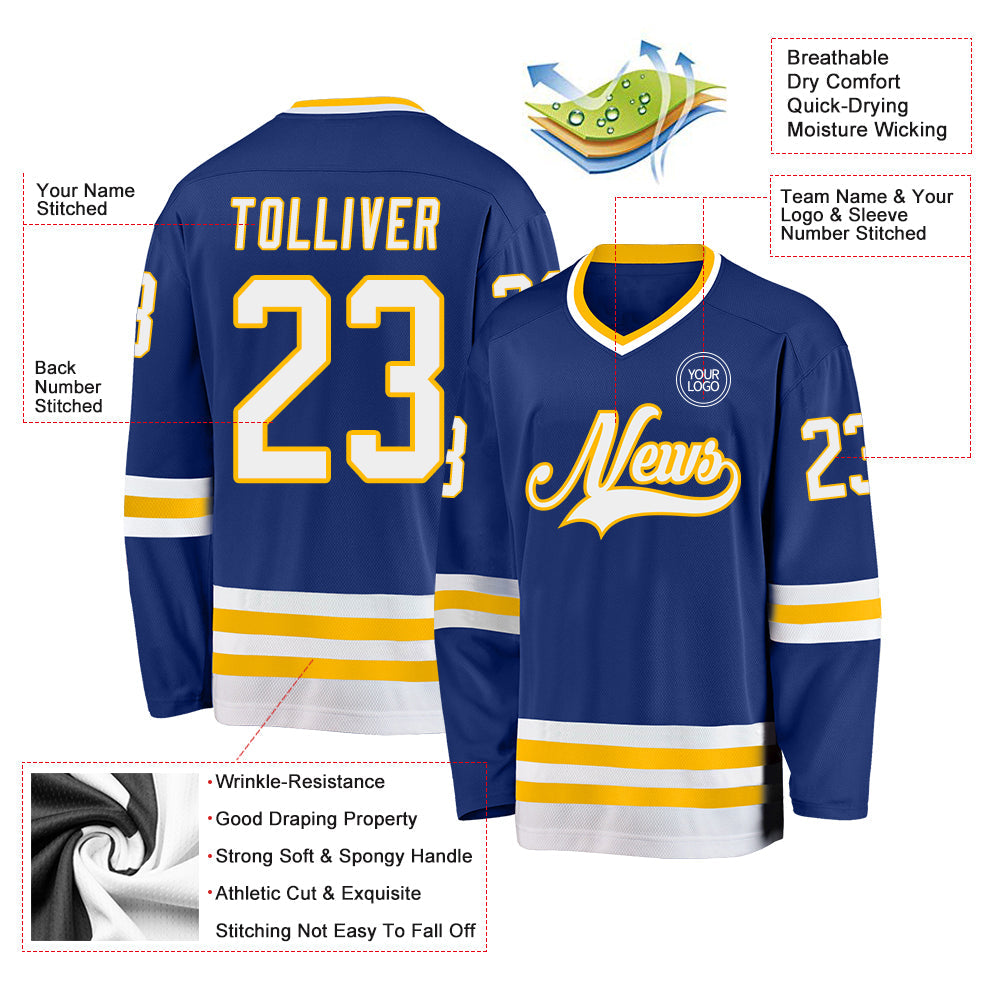Custom Royal White-Gold Hockey Jersey view 3