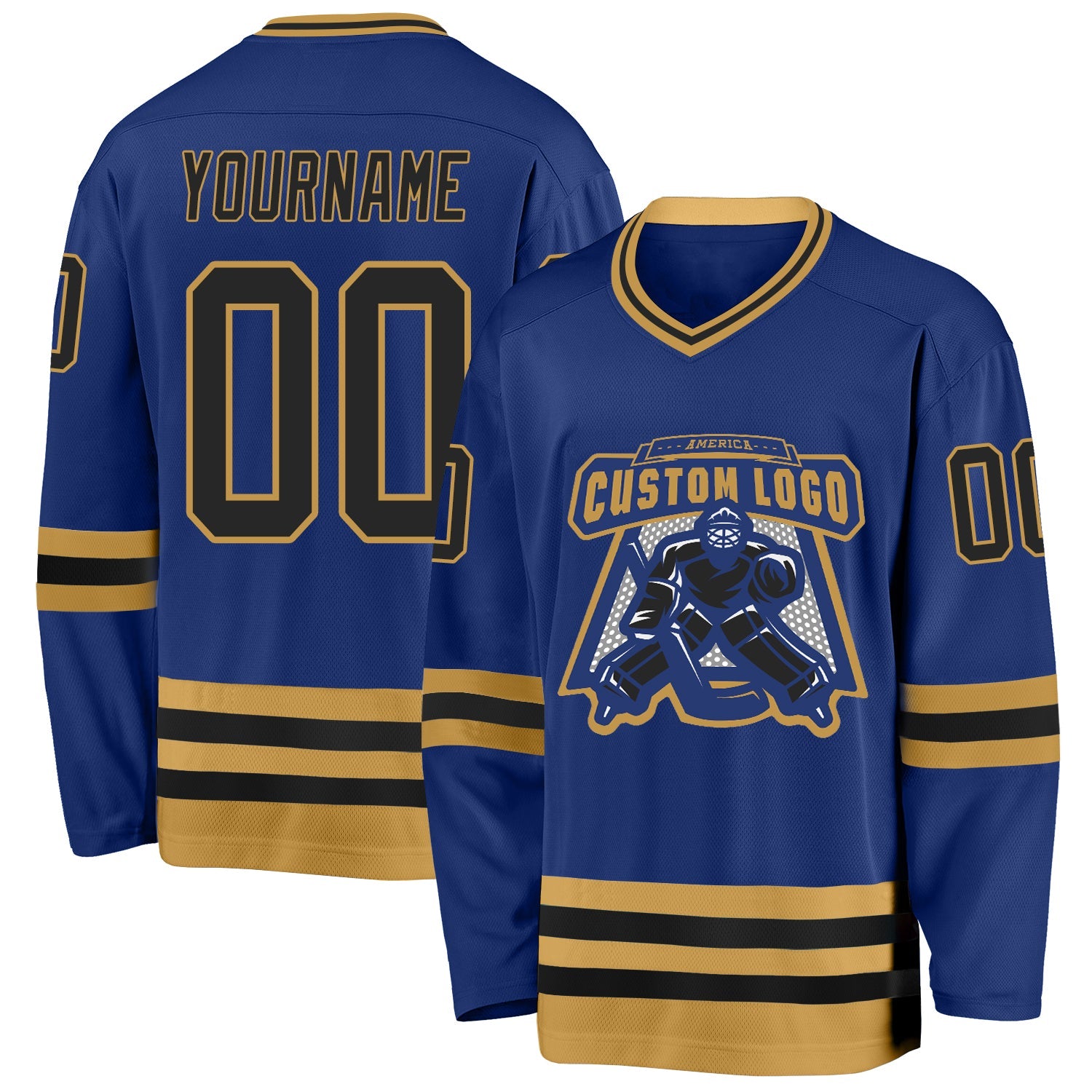 Custom Royal Black-Old Gold Hockey Jersey view 2