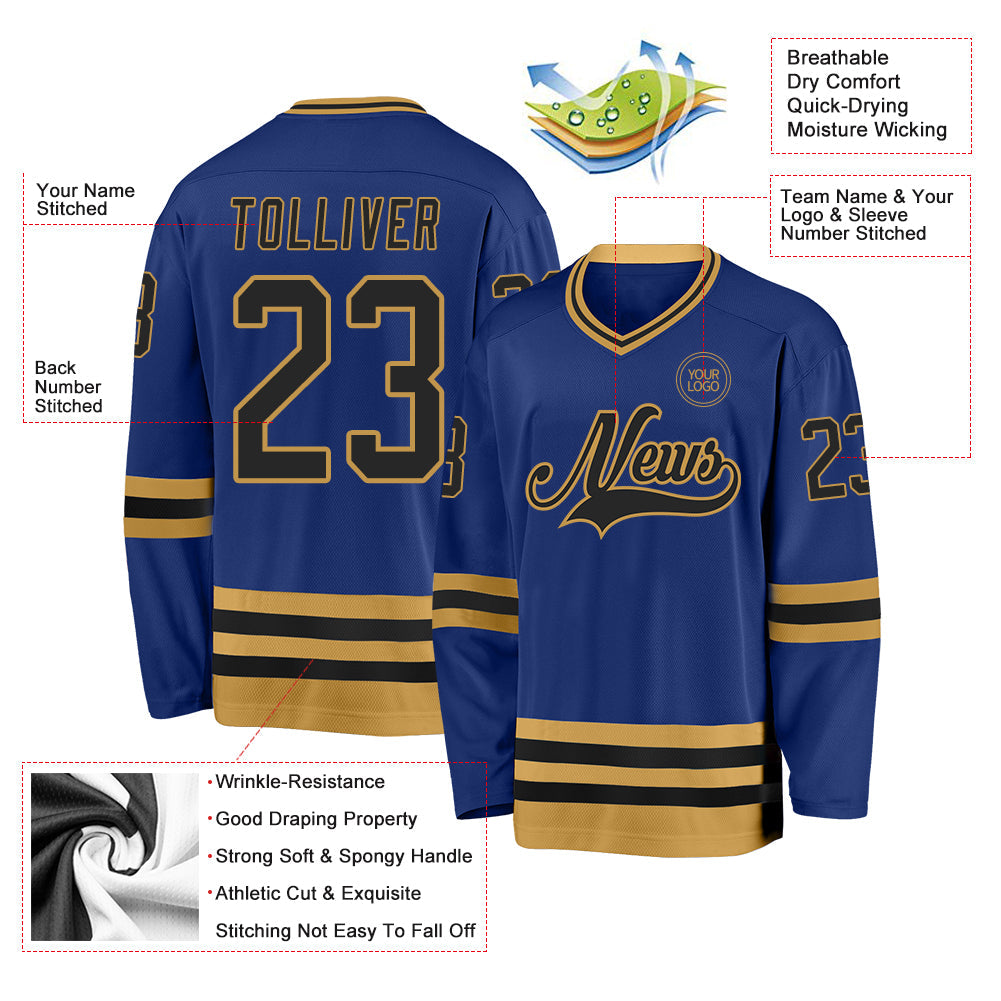 Custom Royal Black-Old Gold Hockey Jersey view 3