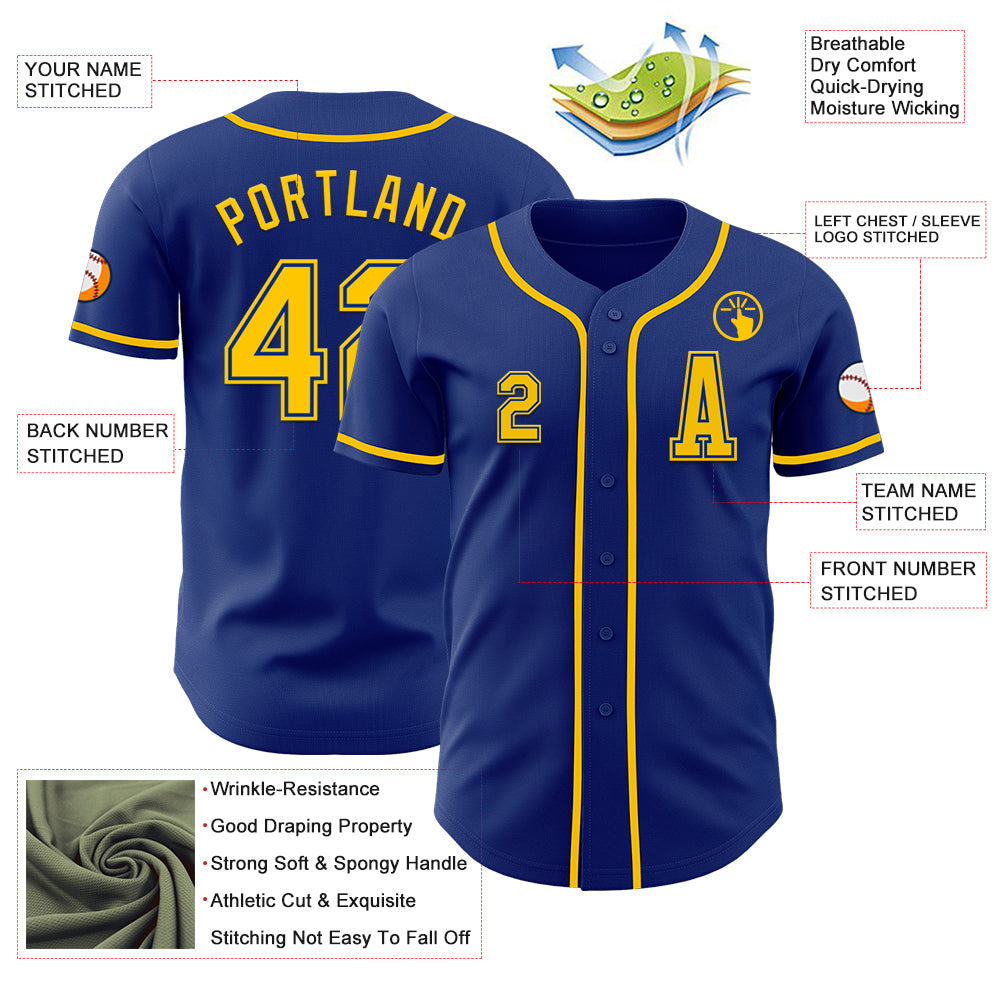 Custom Royal Yellow Authentic Baseball Jersey view 2