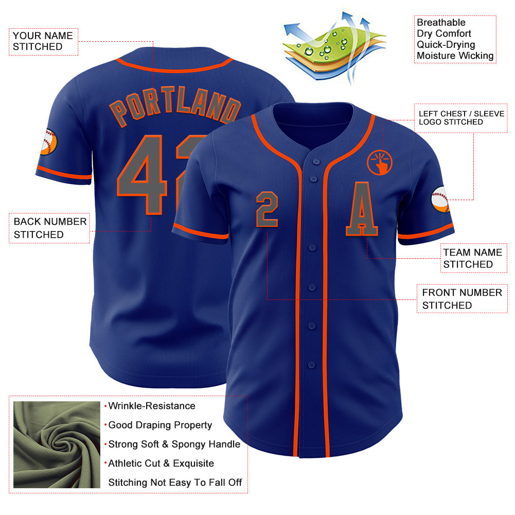 Custom Royal Steel Gray-Orange Authentic Baseball Jersey view 2