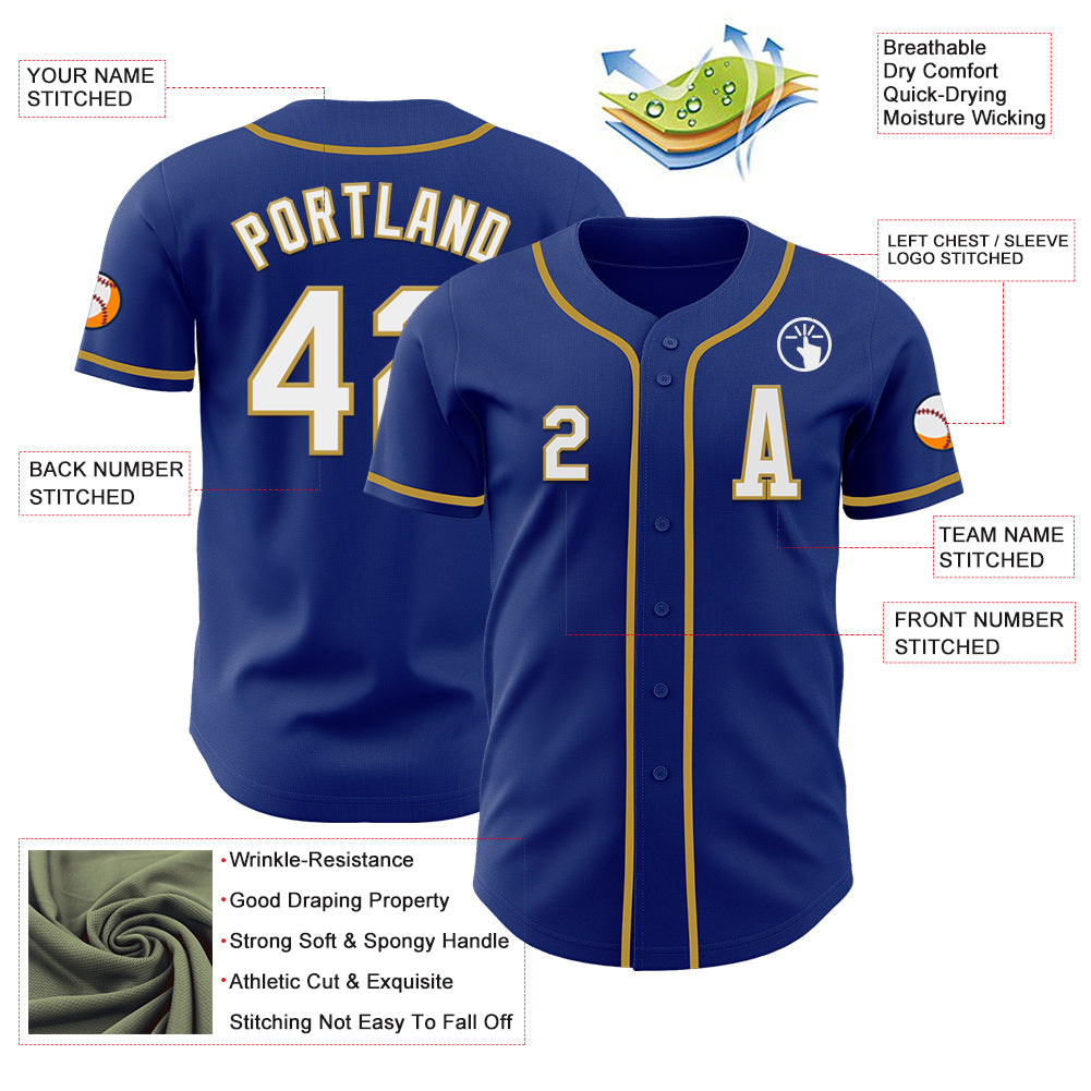 Custom Royal White-Old Gold Authentic Baseball Jersey view 2