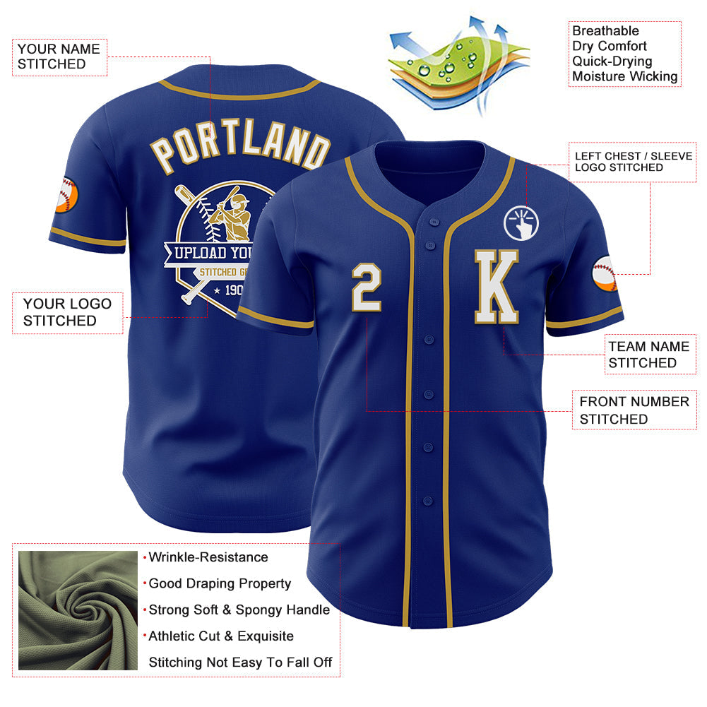 Custom Royal White-Old Gold Authentic Baseball Jersey view 6