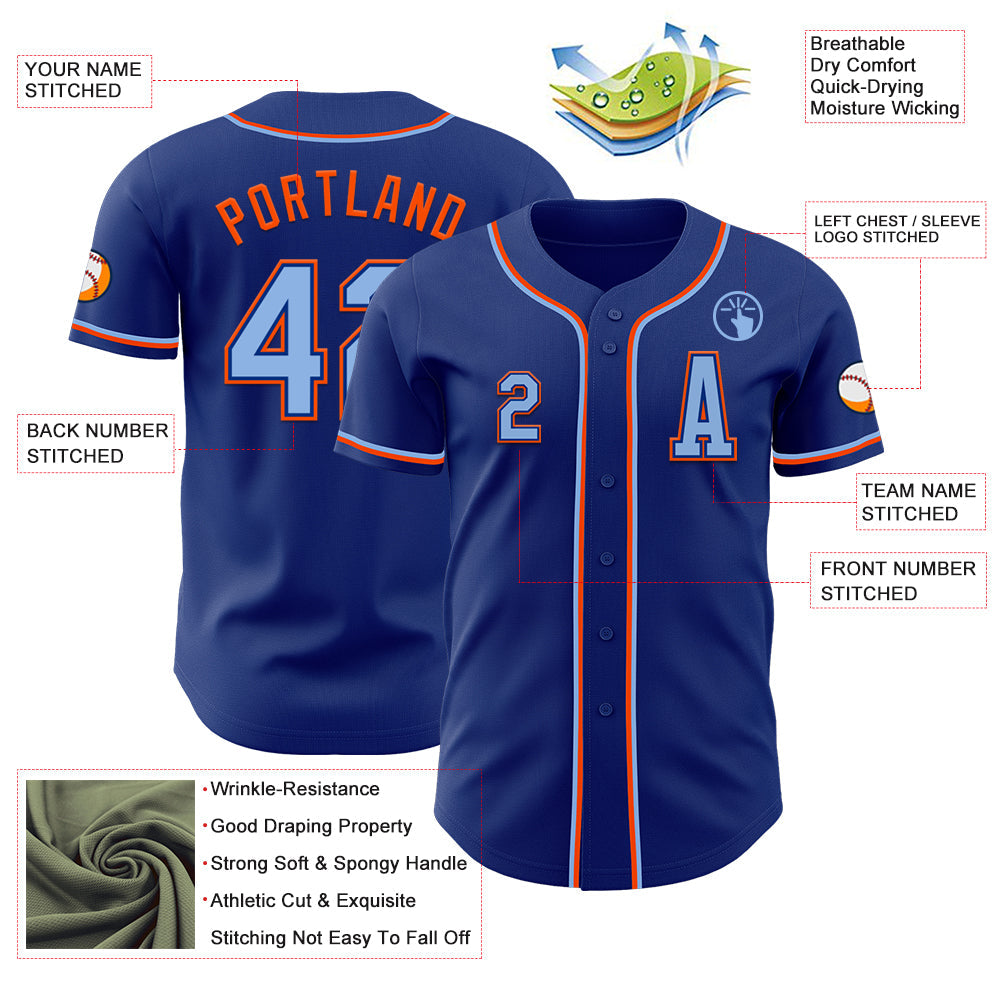 Custom Royal Light Blue-Orange Authentic Baseball Jersey view 2