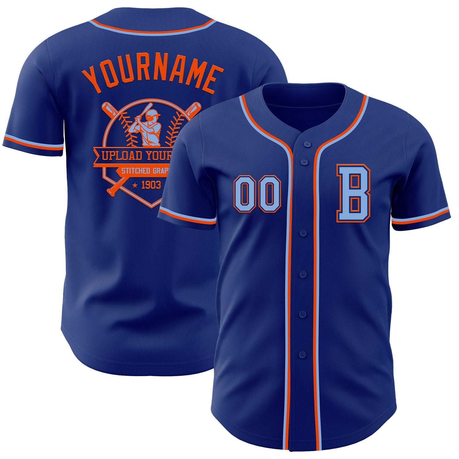 Custom Royal Light Blue-Orange Authentic Baseball Jersey view 5